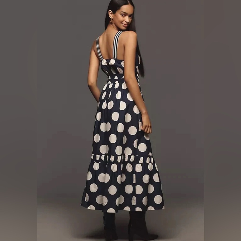 Anthropologie The Somerset Maxi Dress Poplin Tiered Cotton Navy Dot - Picture 3 of 11